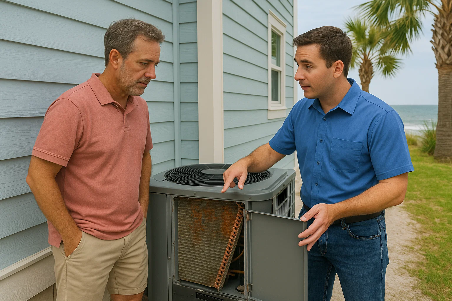 HVAC technician inspecting an outdoor air conditioning condenser with a homeowner in Pawleys Island, SC