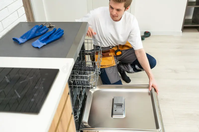 Technician performing dishwasher repair and maintenance in a residential kitchen in Carolina Forest, SC