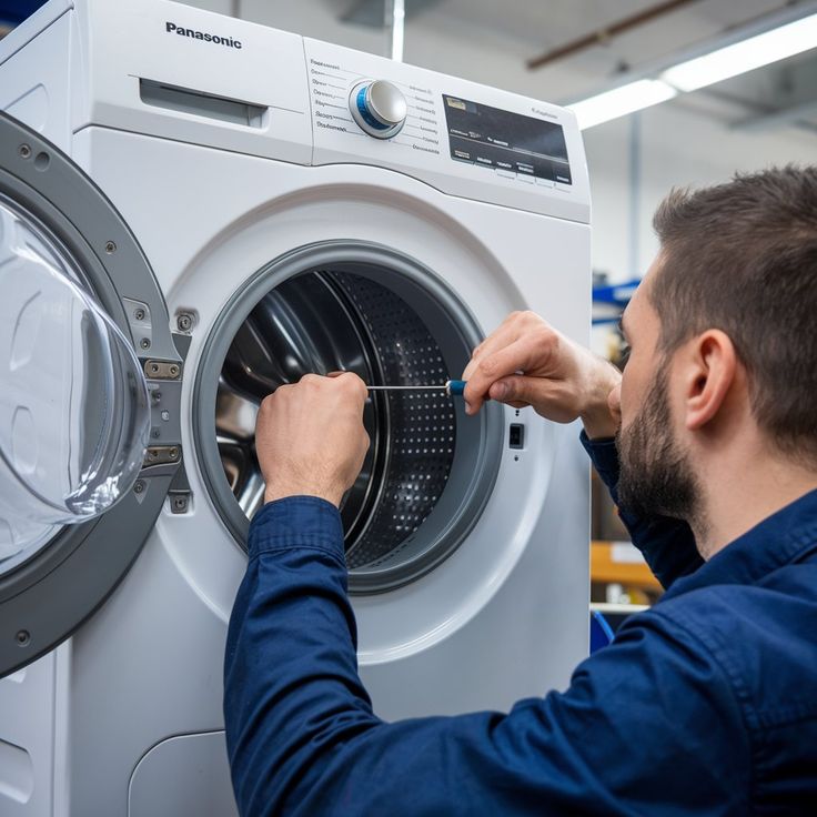 Appliance repair technician repairing a front-load washing machine drum.