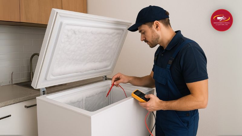 Appliance Repair Technician Working on Freezer