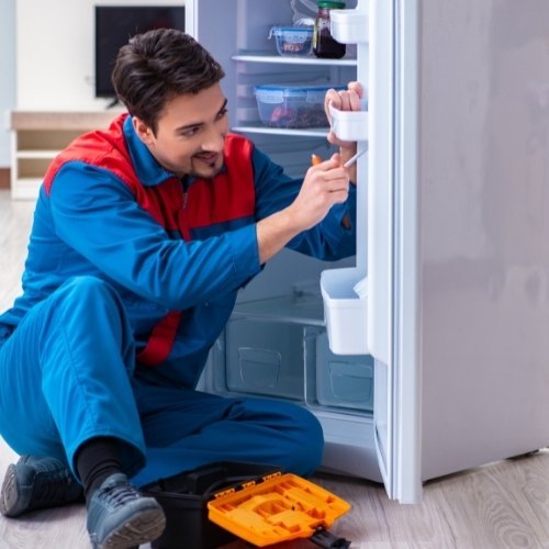 Technician repairing refrigerator system