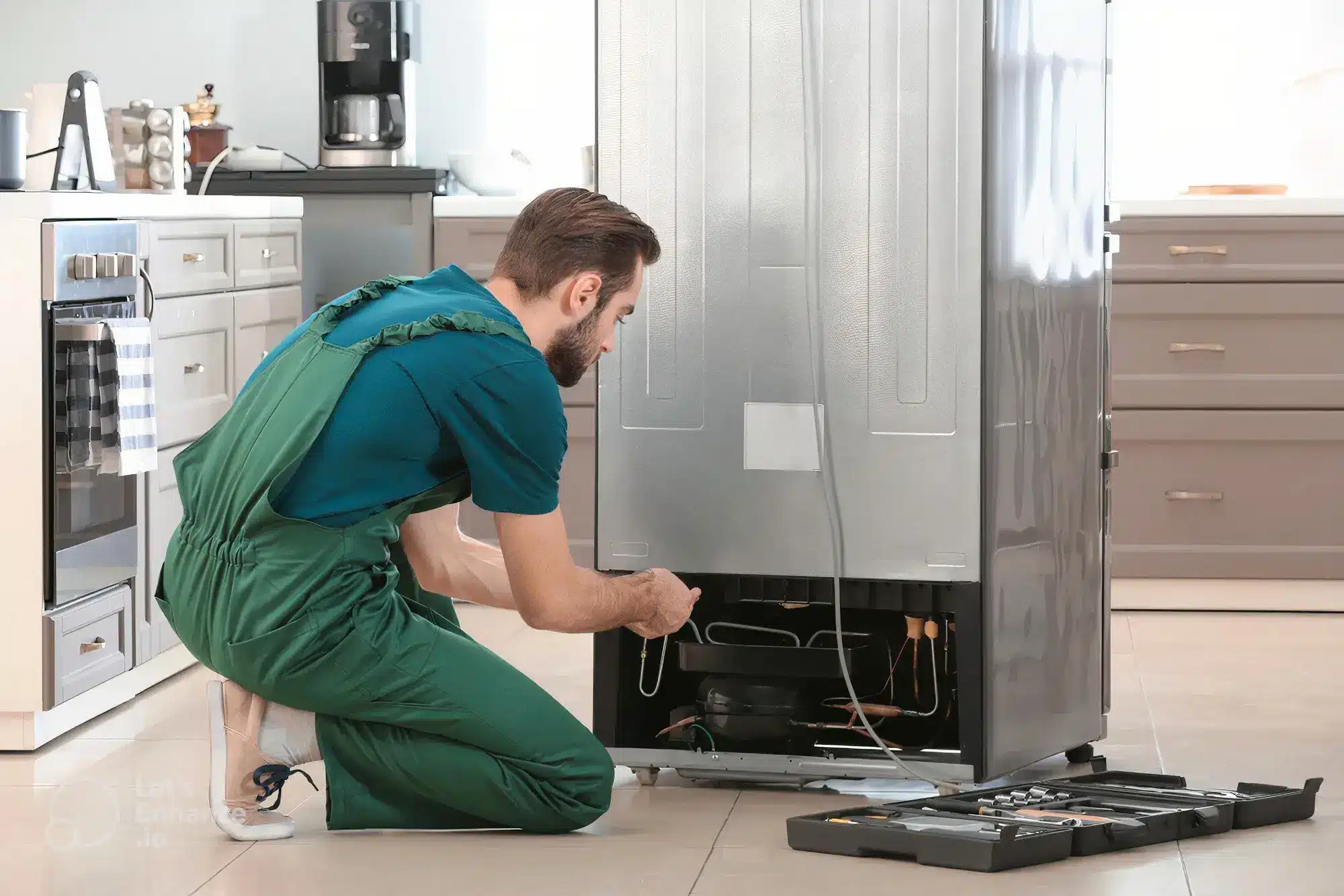 Appliance repair technician servicing a refrigerator compressor in Murrells Inlet, SC